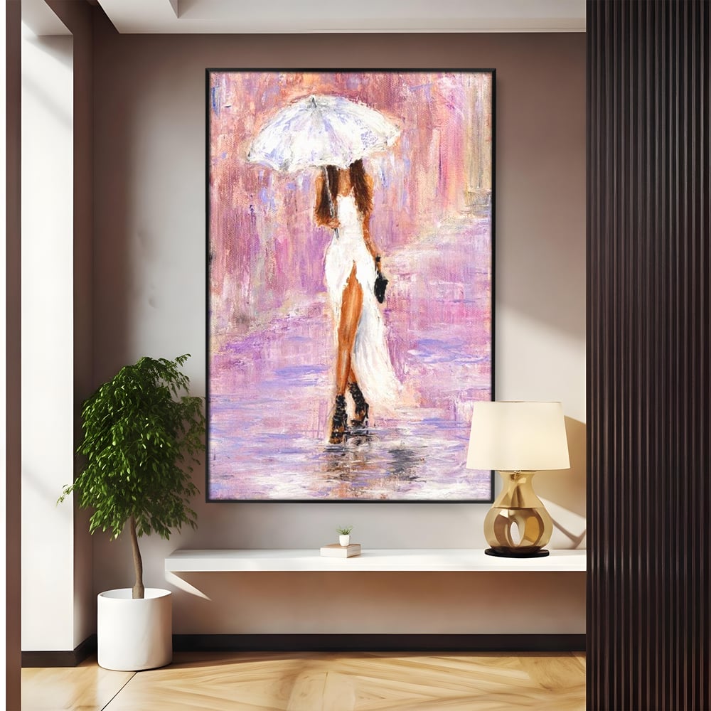 Tablou canvas cu pictura cu femeie si umbrela alba, in rama de aluminiu negru